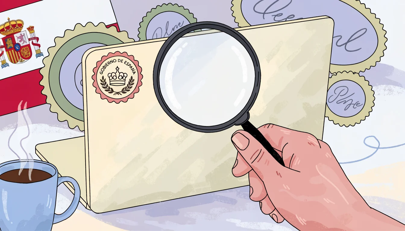 Mano inspecciona sello de licencia en escritorio.