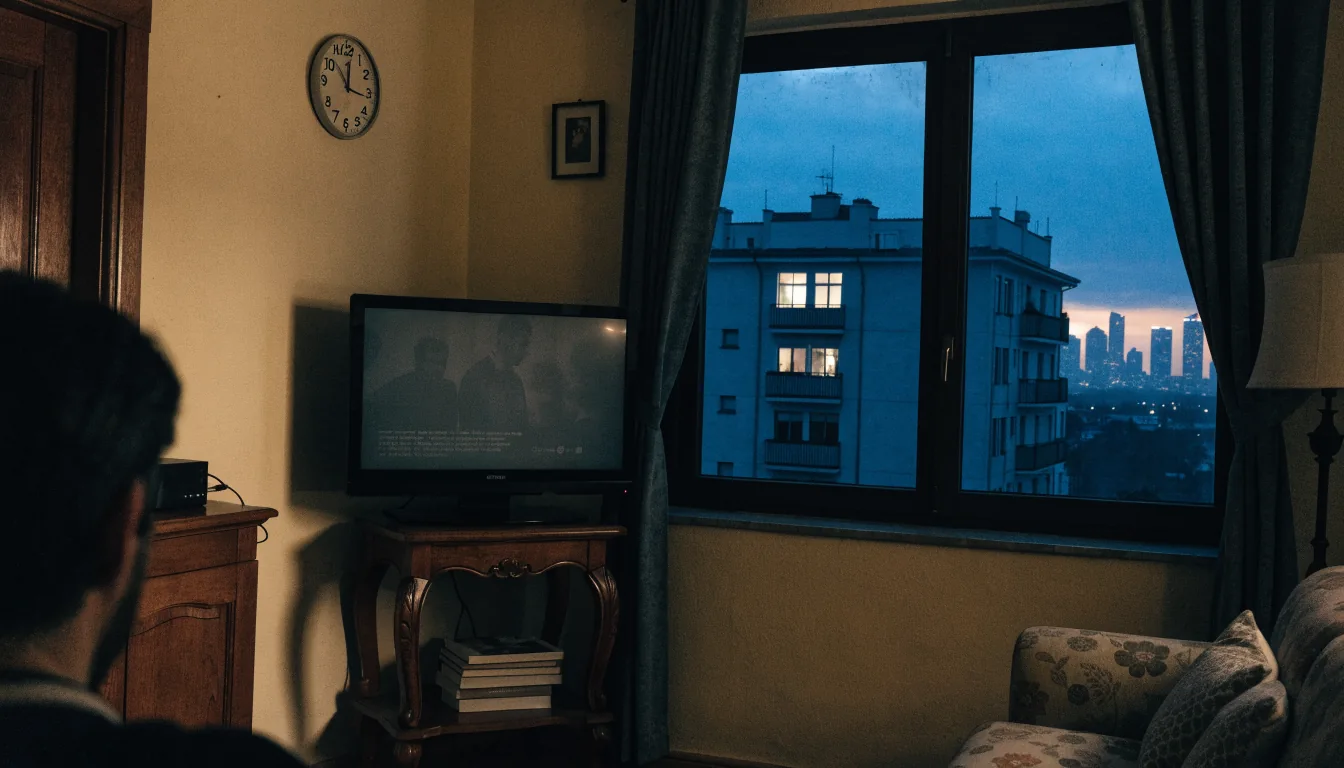 Sala con TV apagada y reloj marcando madrugada.